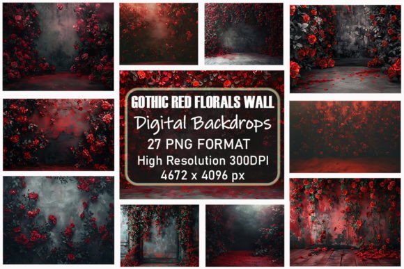 Download Gothic Red Flowers Wall Digital Backdrop - Wall Collection